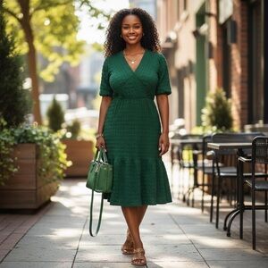 Ninety Deep Green Textured Midi Dress NWOT